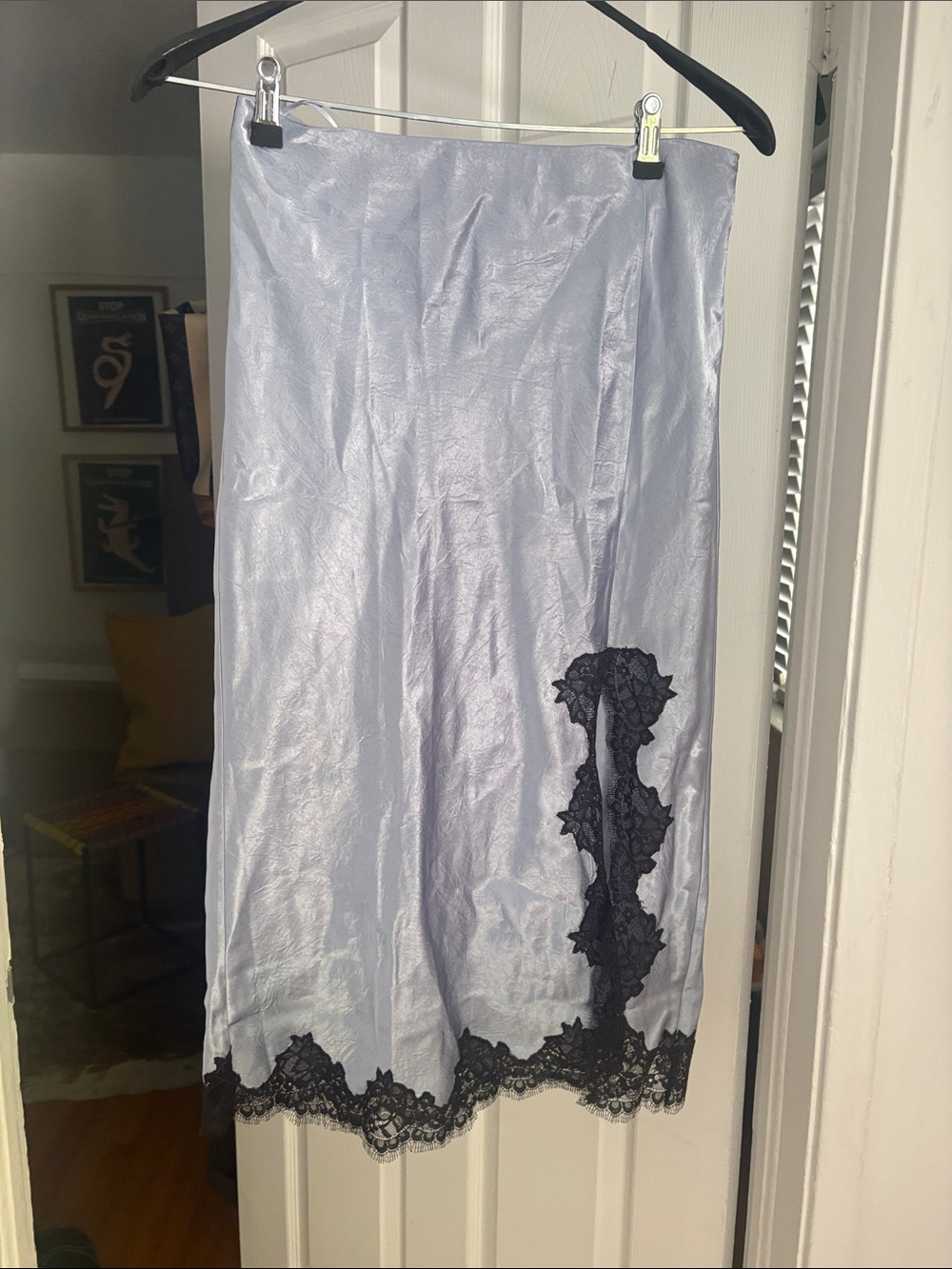 J. Crew Silver Satin Midi Skirt with Black Lace Trim